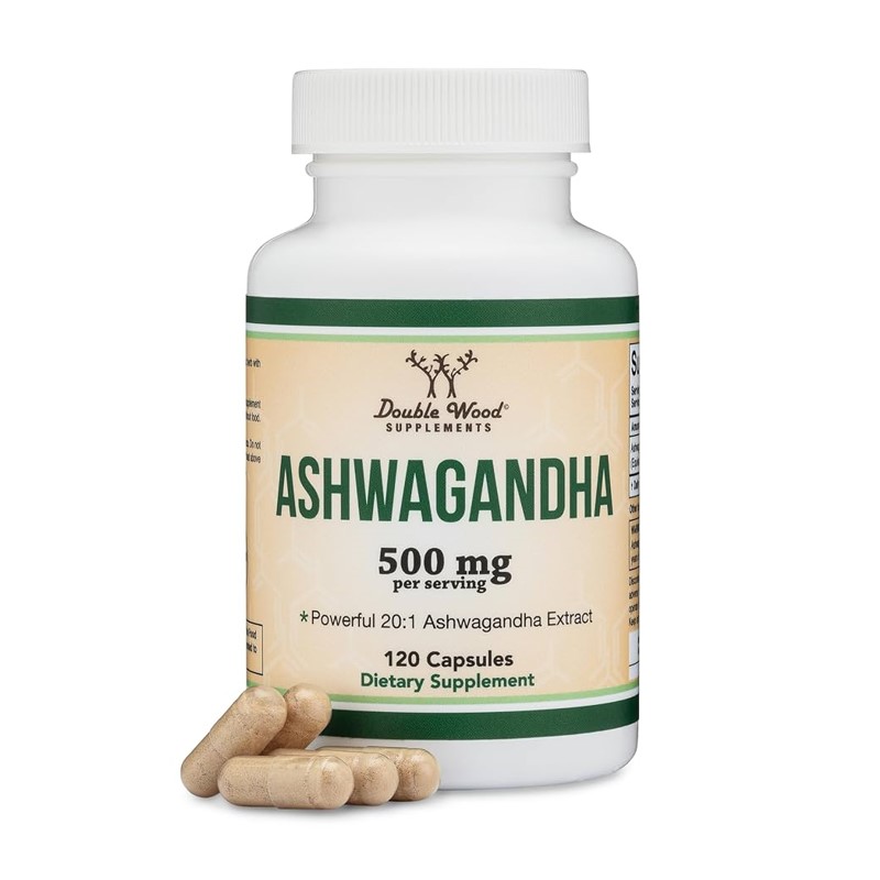 Double Wood Ashwagandha 20:1 Extract 500mg High-Potency Stress & Vitality Support 120 Capsules